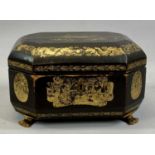 19TH CENTURY CHINESE BLACK LACQUERED DOUBLE TEA CADDY of octagonal form, gilded chinoiserie