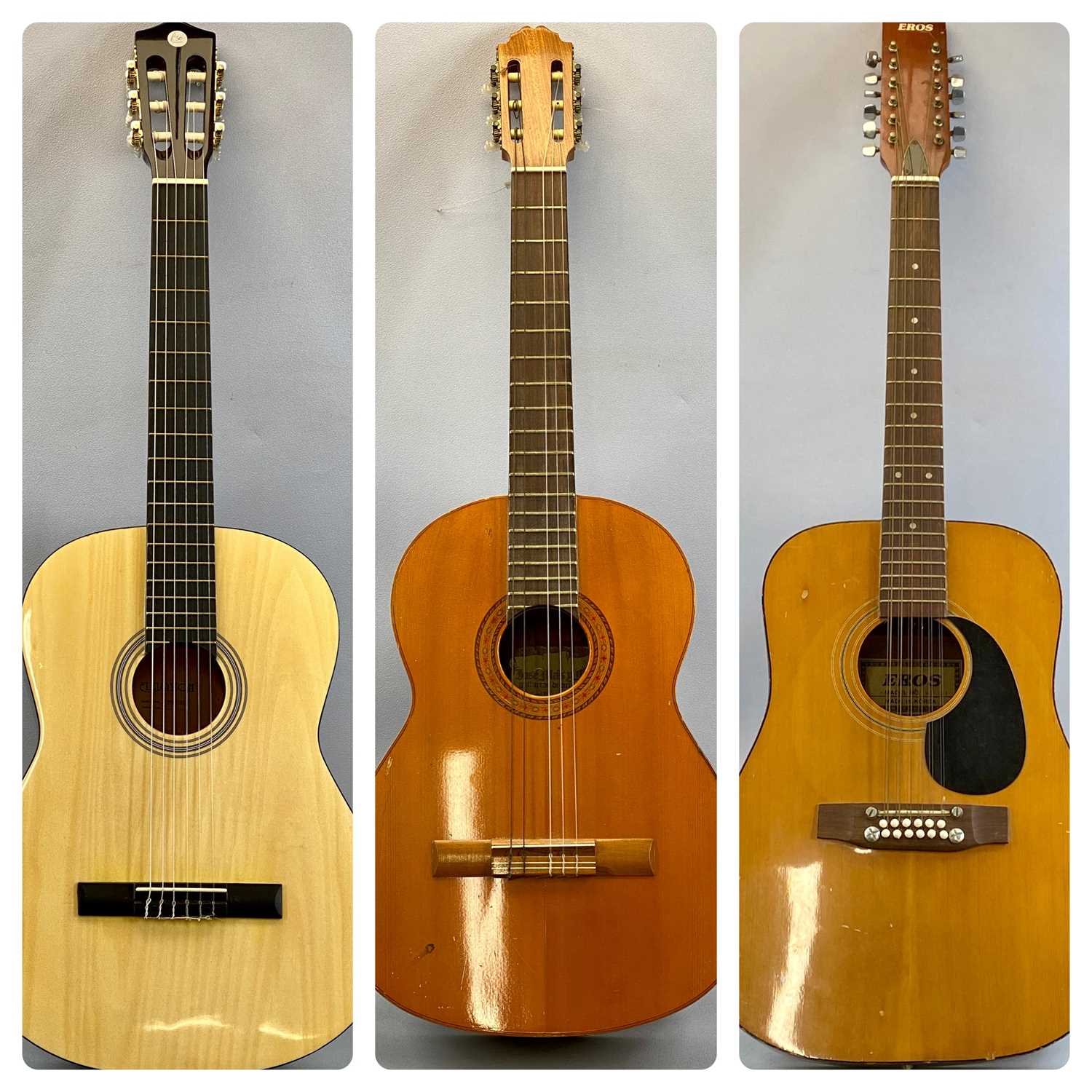 THREE ACOUSTIC GUITARS, Eros model WJ1201, 110cms (l), Yosemais?, 99cms (l) and Elevation model