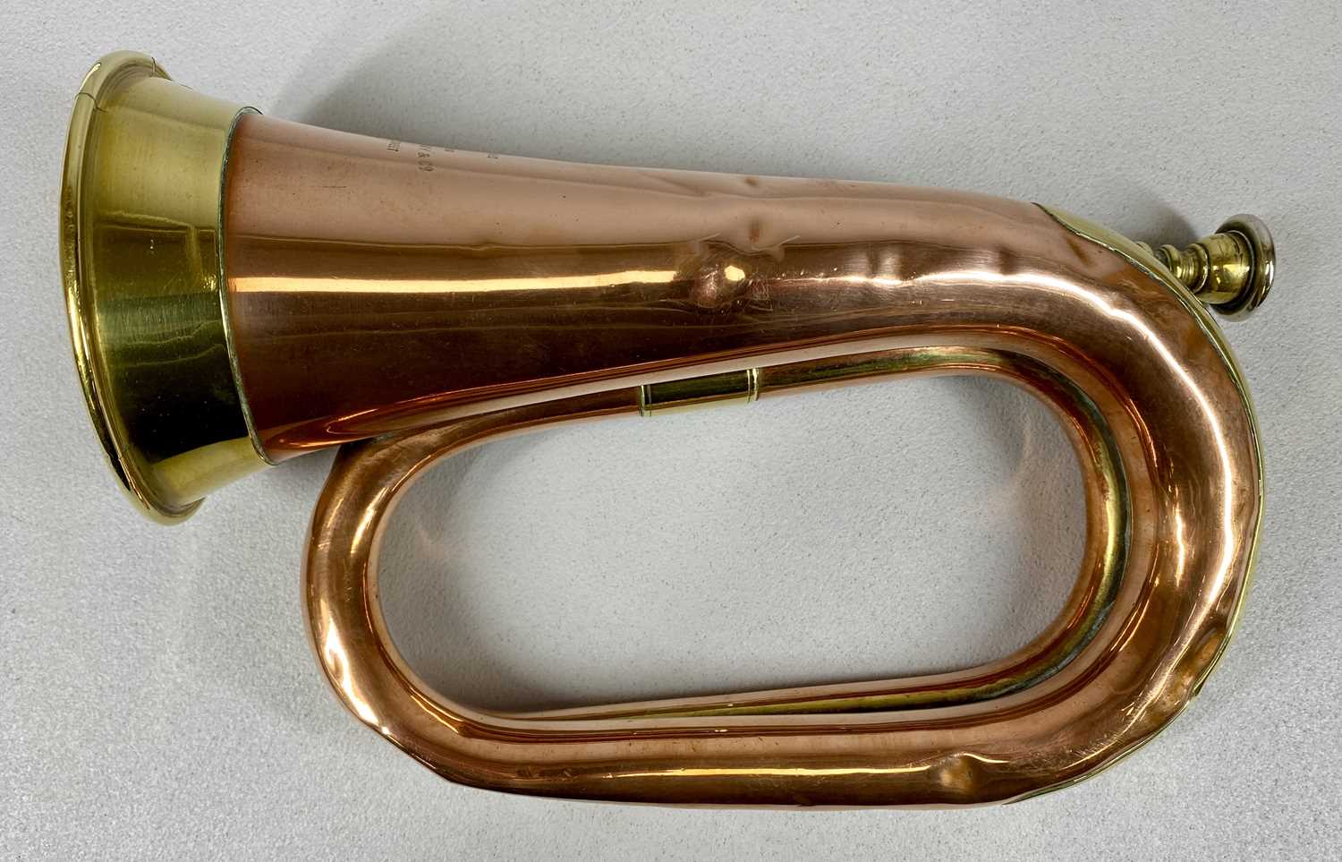 FRENCH BRASS & COPPER BUGLE with brass mounts, by Thibouville, Lamy & Co, 10 Charter House Street, - Image 2 of 3