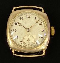 GEORGE V 9CT GOLD CUSHION CASED GENTS WRISTWATCH, circular dial with black Arabic numerals and