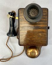 VINTAGE OAK CASED SIGNAL BOX RINGING WALL TELEPHONE, with oxidised copper bell, Bakelite mouth and