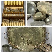 GROUP OF MIXED PLATED ITEMS including oak cased canteen of cutlery, two handled tray, teapot,