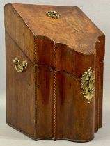 GEORGE III MAHOGANY KNIFE BOX chequered inlaid stringing, serpentine front with brass handle, lock