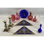 MIXED DECANTERS & OTHER COLOURFUL GLASSWARE COLLECTION, comprising clear glass ships decanter with