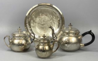 WMF SILVER PLATE THREE PIECE CIRCULAR TEASET, brushed and etched decoration, the teapot with