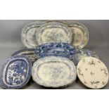 BLUE & WHITE TRANSFER DECORATED OVAL MEAT PLATES, 19th century, including an oval serving plate,