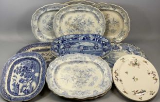 BLUE & WHITE TRANSFER DECORATED OVAL MEAT PLATES, 19th century, including an oval serving plate,
