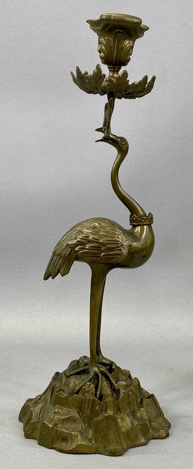 PAIR OF REGENCY STYLE BRASS CANDLESTICKS modelled as cranes standing on naturalistic bases, - Image 2 of 3