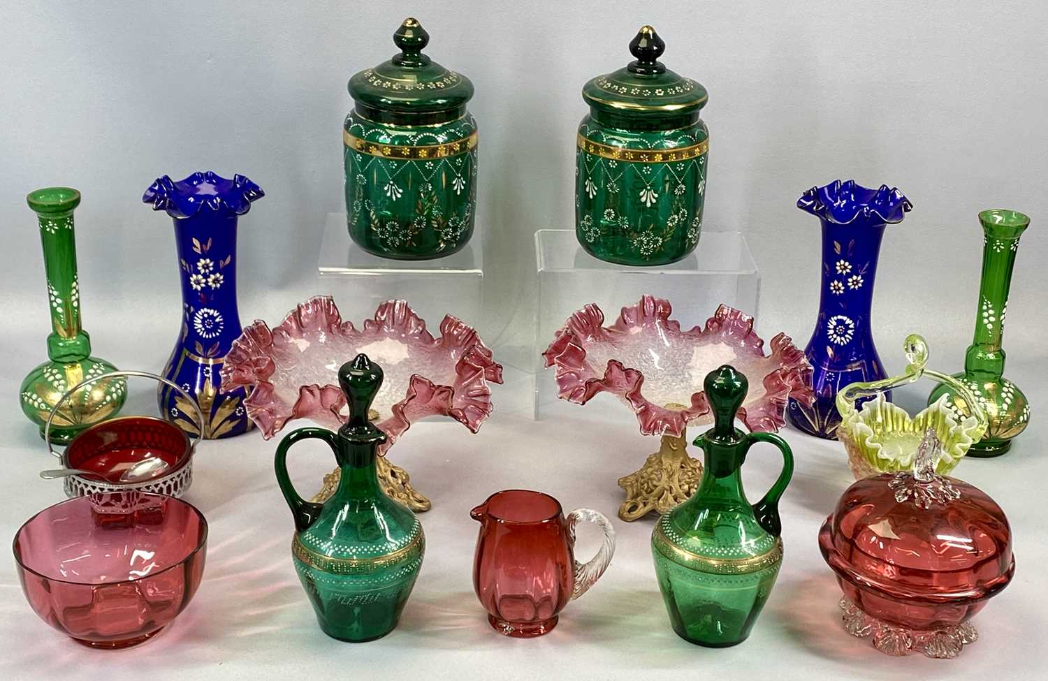 VICTORIAN & LATER COLOURED GLASSWARE including ruby glass jug and bowl, Mary Gregory type lidded