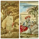 TWO 19TH CENTURY WOOLWORK PICTURES, young lady in garden, 38 x 30cms and Arabian figure with camel