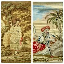 TWO 19TH CENTURY WOOLWORK PICTURES, young lady in garden, 38 x 30cms and Arabian figure with camel