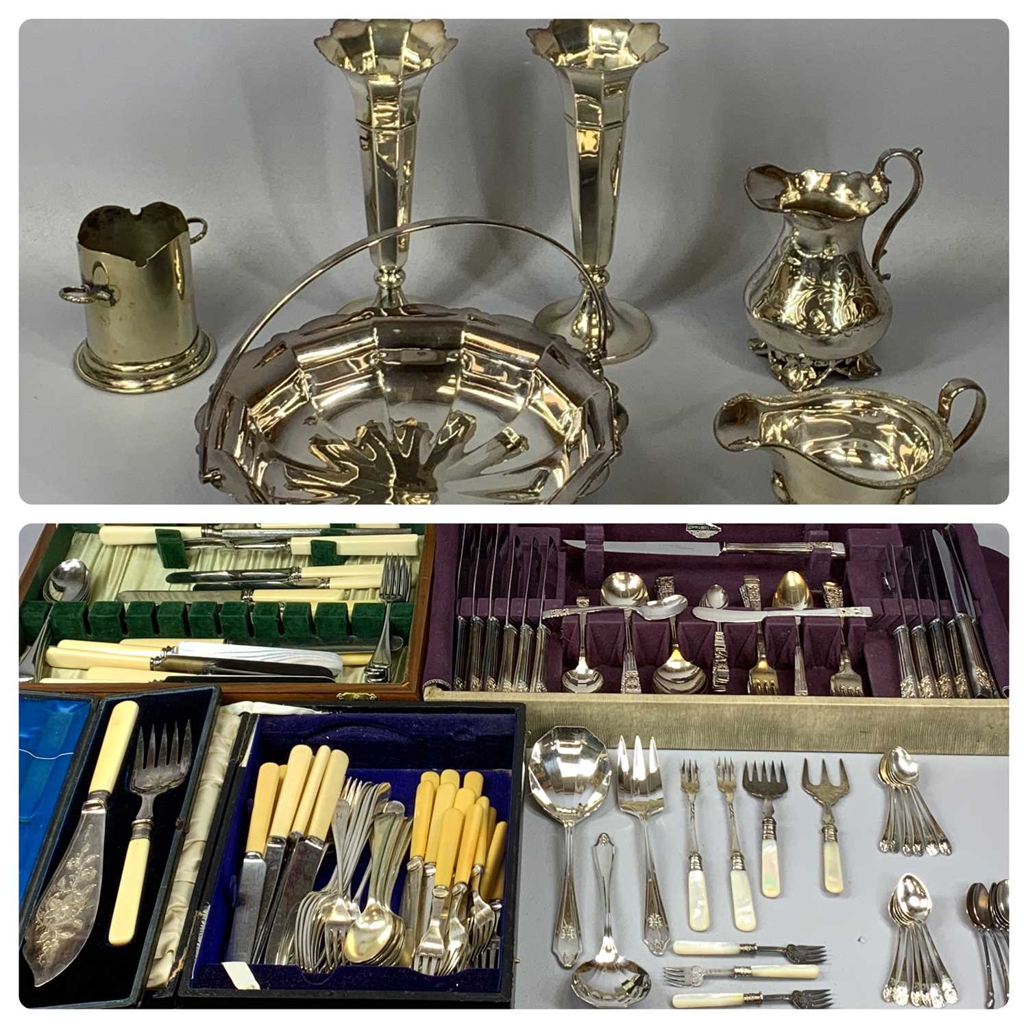 LARGE QUANTITY OF SILVER PLATED ITEMS including oval entree dishes and covers a pair, with loop
