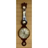 GEORGE III MAHOGANY CASED BANJO BAROMETER, satinwood strung, silvered dial, thermometer dial and