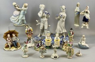 LARGE GROUP OF MIXED CERAMIC FIGURINES including large Capodimonte group, young man and lady,