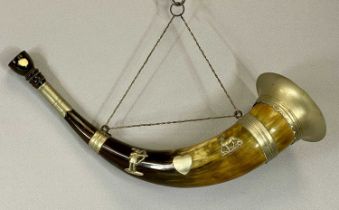 19TH CENTURY HUNTING HORN with EPNS bands, stag, archer and heart mounts, with chain, 35cms (l)