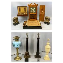 MIXED GROUP OF COLLECTABLES including two modern mantel clocks, oil lamp with brass column,