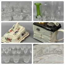 LARGE GROUP OF MIXED GLASSWARE & CERAMICS including drinking glasses, three decanters and twelve