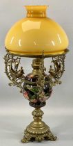 ORNATE POTTERY & BRASS OIL LAMP, the shade supports modelled as sailing boats with figures,