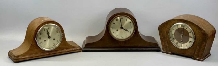 THREE MANTEL CLOCKS, early 20th century, oak cased dome top eight-day gong strike, 21cms (h),