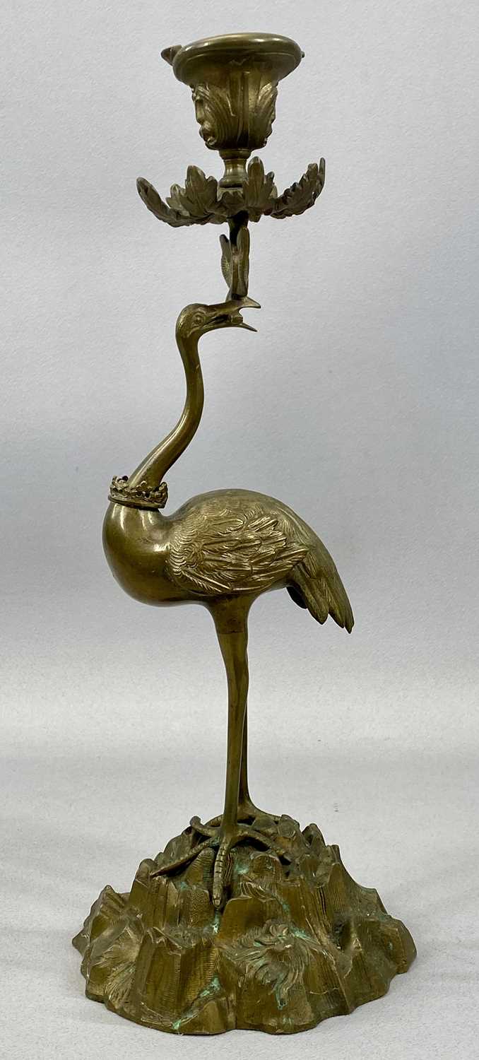 PAIR OF REGENCY STYLE BRASS CANDLESTICKS modelled as cranes standing on naturalistic bases, - Image 3 of 3