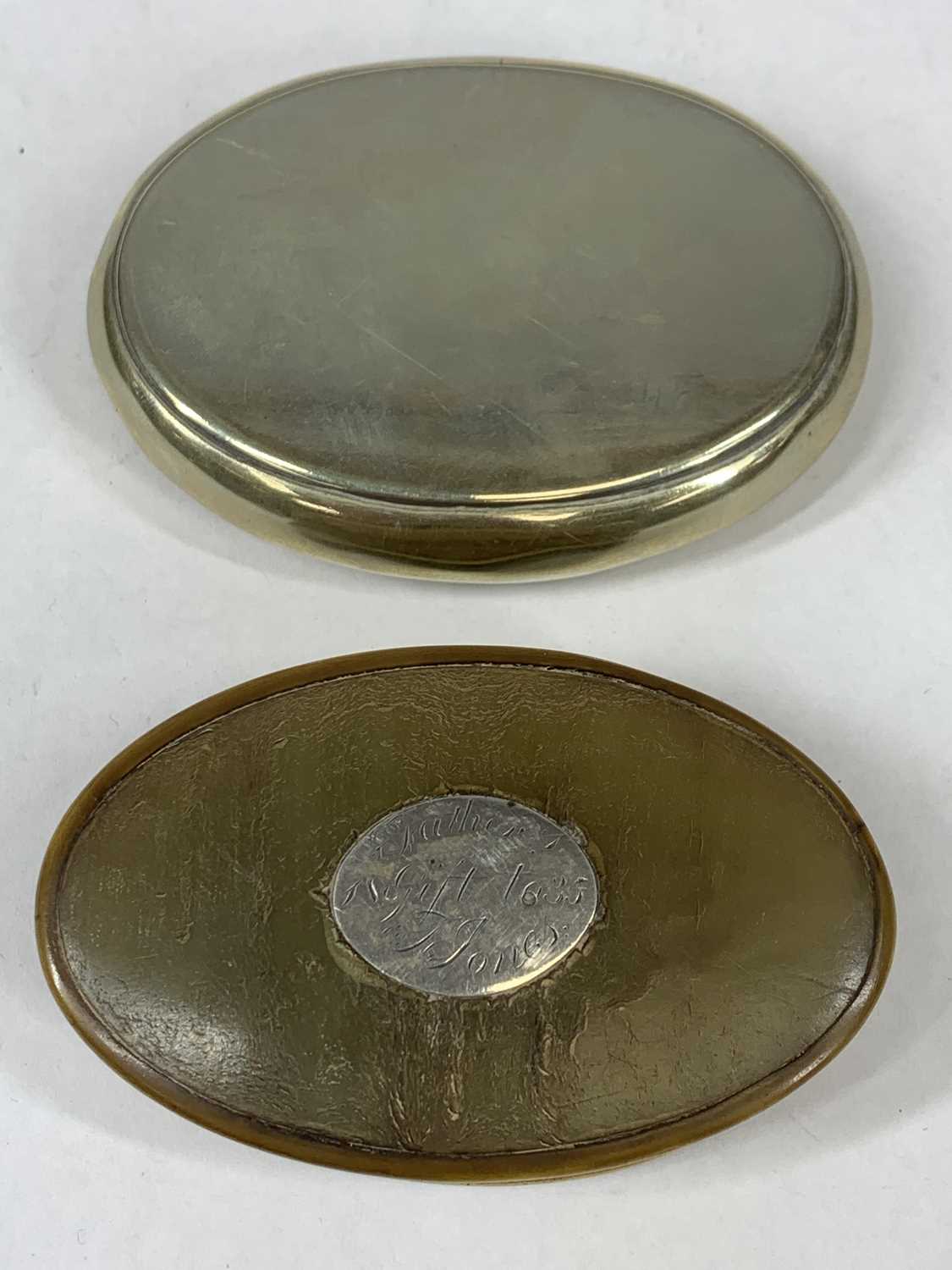 TWO ANTIQUE SNUFF BOXES - oval silver plate with hinged cover, engraved Evan Jones 1892, 9 x 6. - Image 3 of 3