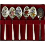 CASED SET OF SIX ELIZABETH II SILVER & ENAMEL TEASPOONS, each having bowl decorated with a different