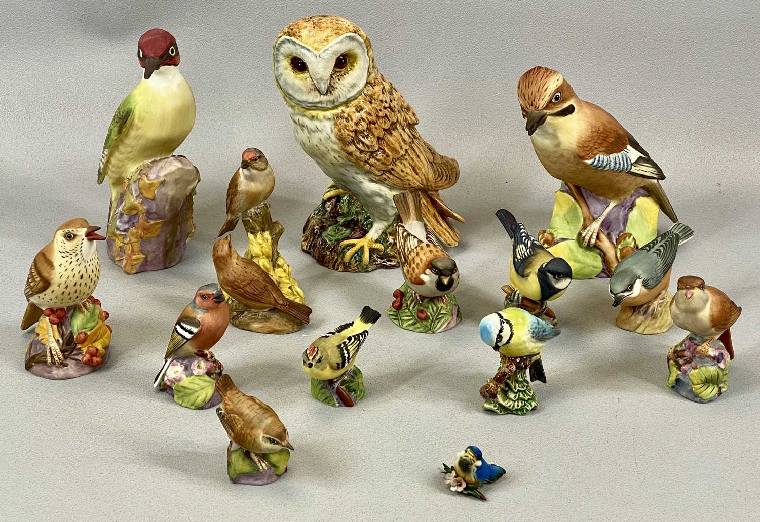 MIXED GROUP OF CHINA BIRD FIGURES including Beswick barn owl model 1046, 20cms (h), Royal