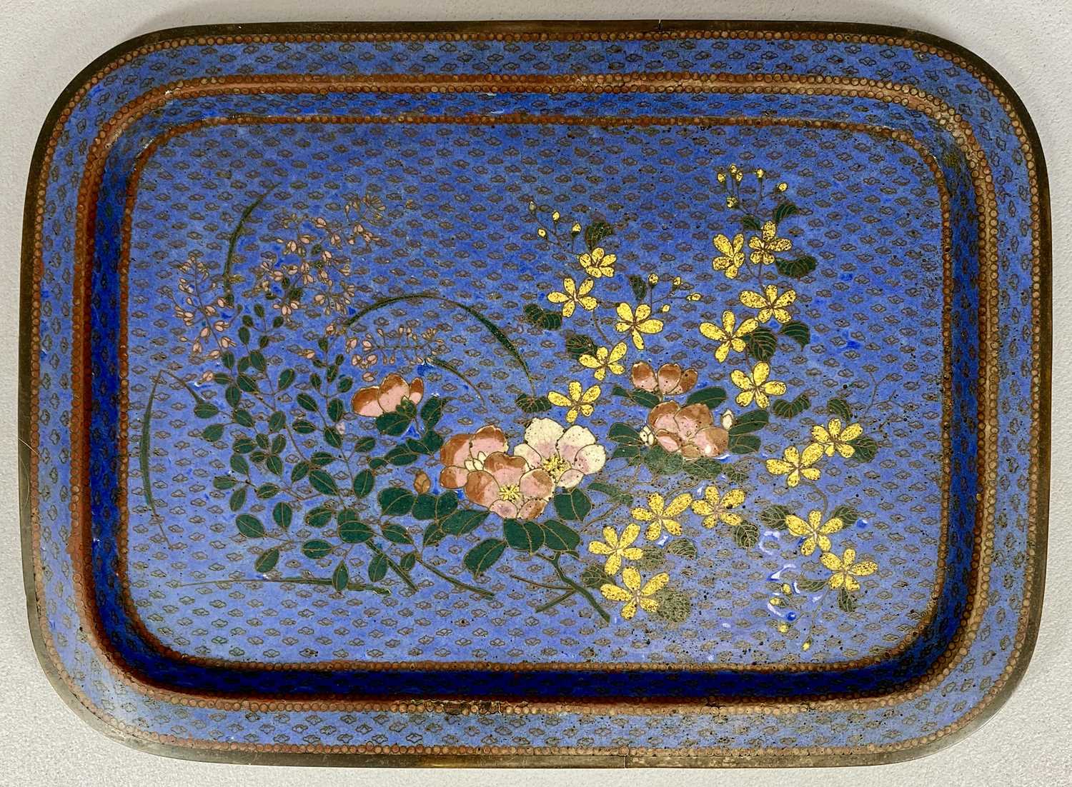 19TH CENTURY CHINESE CLOISONNE TRAY, rectangular with rounded corners, decorated with flowering - Image 2 of 2