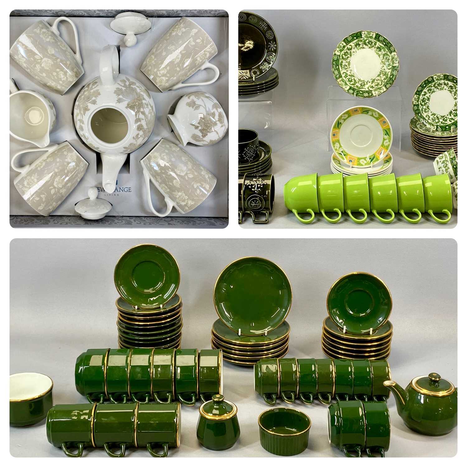 LARGE GROUP OF TABLEWARE including Apelco green and gilt coffee set, Portmeirion Totem tea set,