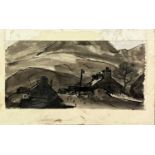 SIR KYFFIN WILLIAMS RA pen and wash - cottages with mountains beyond, entitled on paper verso "