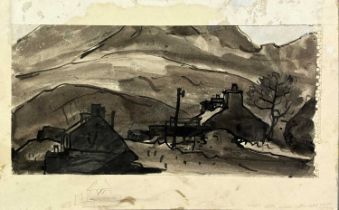 SIR KYFFIN WILLIAMS RA pen and wash - cottages with mountains beyond, entitled on paper verso "