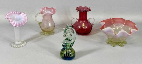 GROUP OF DECORATIVE GLASS including Jack-in-pulpit vase, 15cms (h), other Vaseline and Cranberry