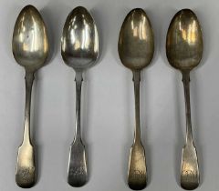 FOUR 19TH CENTURY SILVER TABLE SPOONS a pair, London 1827, maker William Bateman II, Exeter 1840,