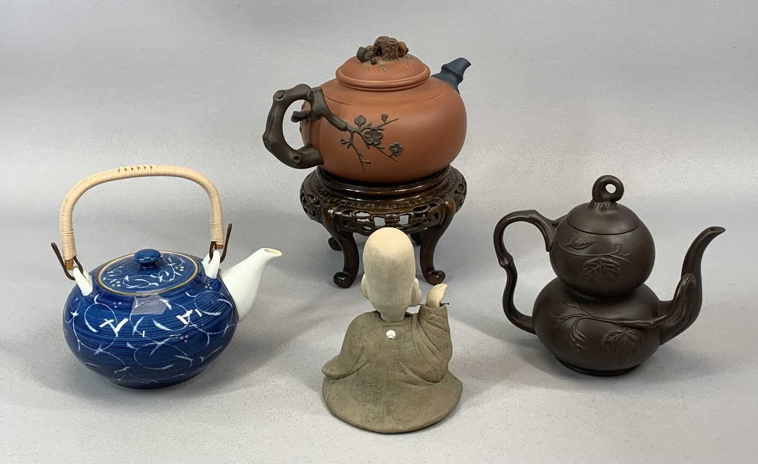 MIXED GROUP OF ORIENTAL CERAMICS including a terracotta teapot, decorated in relief with flowers and - Image 2 of 5