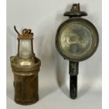 VINTAGE KGO MINER'S SAFETY LAMP in cast iron case with suspension loop, 29cms (h) and a painted