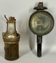 VINTAGE KGO MINER'S SAFETY LAMP in cast iron case with suspension loop, 29cms (h) and a painted