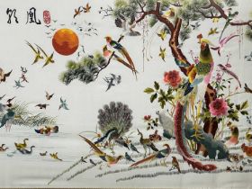 CHINESE SCHOOL large silkwork panel - garden with exotic birds, tree with blossom and full sun,