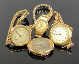 FOUR 9CT GOLD LADY'S WRISTWATCHES, two circular, one oval and one octagonal, three with plated