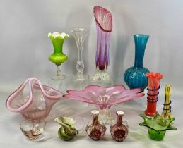 GROUP OF DECORATIVE GLASSWARE including a Venetian / Murano pink and opaque comport, 43 x 24cms,