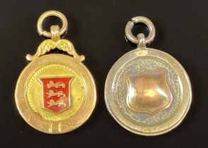 9CT ROSE GOLD & ENAMEL FOB, B & D FC 1926-27 Junior Championship, J. Hadfield, 3.8gms and a silver