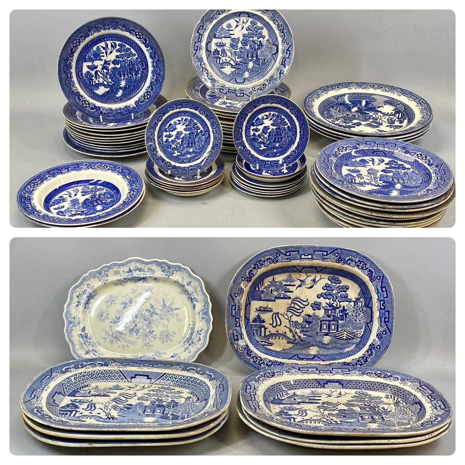 LARGE GROUP OF 19TH CENTURY STAFFORDSHIRE BLUE & WHITE WILLOW PATTERN TABLEWARE, including seven