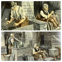 TOM HUGHES (British) two oils on board - slate quarry men at work, both signed, 35.5 x 57cms and