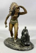 AUSTRIAN COLD PAINTED BRONZE TABLE STRIKE LIGHTER, Native American with Tomahawk, stamped Austria on