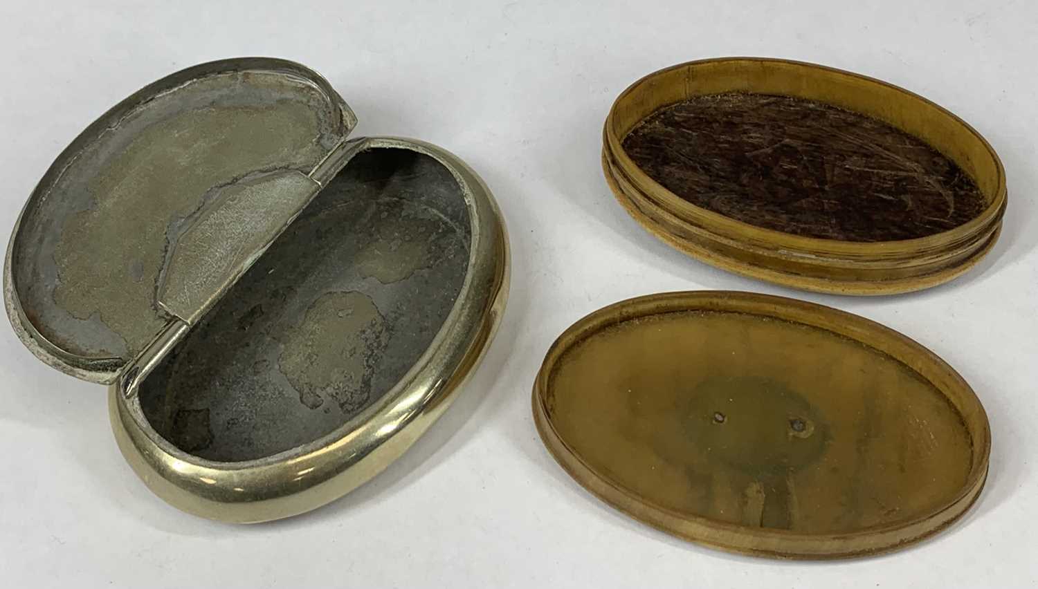 TWO ANTIQUE SNUFF BOXES - oval silver plate with hinged cover, engraved Evan Jones 1892, 9 x 6. - Image 2 of 3