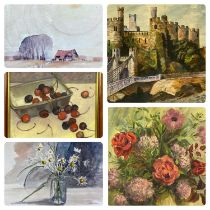 GROUP OF FIVE PAINTINGS VARIOUS ARTISTS & MEDIUMS, W.E POWARD watercolour - Conwy Castle, 36 x