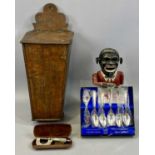 VARIOUS COLLECTABLES including 19th century oak candle box, sloping hinged cover, 48cms (h), painted