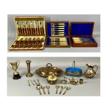 MIXED GROUP OF CUTLERY & PLATED ITEMS including oak cased set of six fish knives and forks, mahogany