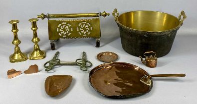 VARIOUS COPPER & BRASS WARE including good brass and iron trivet-stand, two-handled jam pan etc