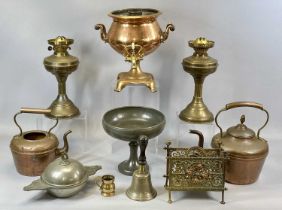 VARIOUS METALWARE including a Roundhead Art Nouveau copper comport with stylised hammered