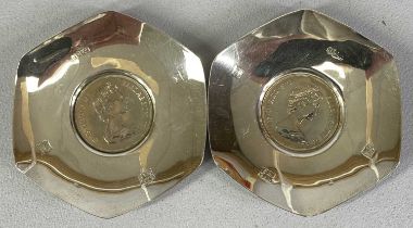 ELIZABETH II HEXAGONAL SILVER PIN TRAYS A PAIR, inset with 1972 commemorative Crowns, Birmingham